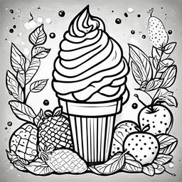 Black and white colouring book page featuring a fruity ice cream cone.