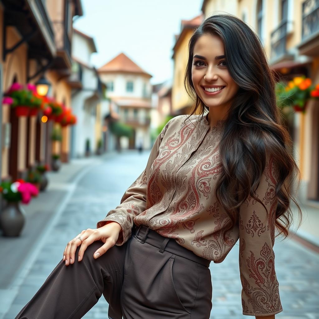 A beautiful Turkish woman aged between 30 to 45, elegantly dressed in a fashionable outfit