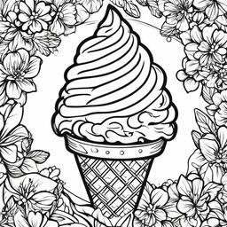 Black and white colouring book page featuring a fruity ice cream cone.