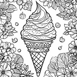 Black and white colouring book page featuring a fruity ice cream cone.