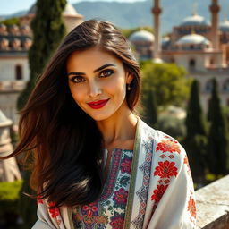 A stunning Turkish woman aged between 30 to 45, dressed in a fashionable and elegant outfit