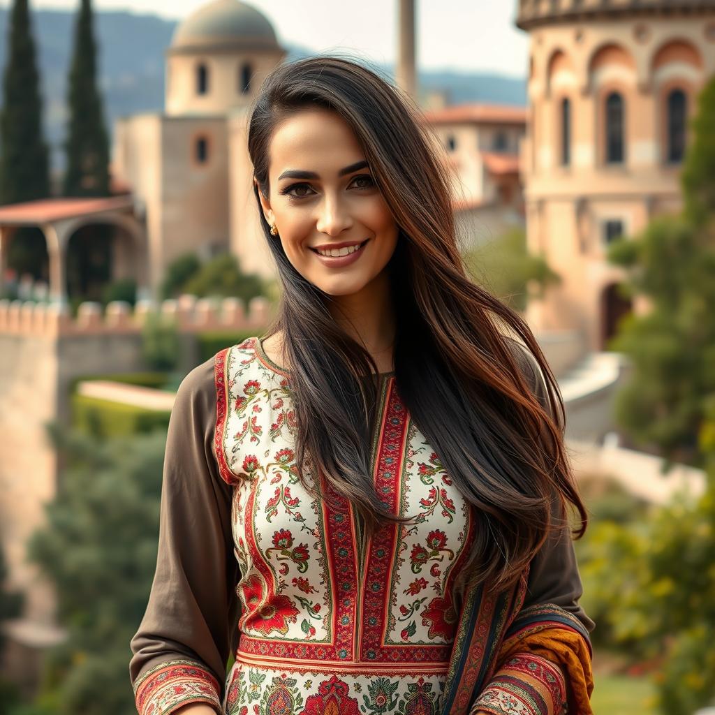 A stunning Turkish woman aged between 30 to 45, dressed in a fashionable and elegant outfit