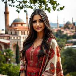 A stunning Turkish woman aged between 30 to 45, dressed in a fashionable and elegant outfit