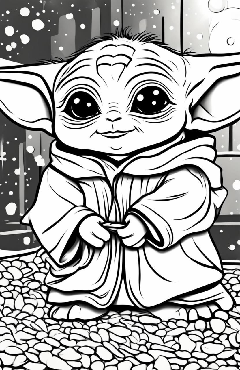 A coloring page featuring an adorable Baby Yoda, with his big eyes sparkling and a small, cute smile on his face.