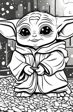 A coloring page featuring an adorable Baby Yoda, with his big eyes sparkling and a small, cute smile on his face.