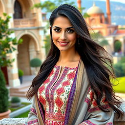 A stunning Turkish woman aged between 30 to 45, dressed in a fashionable and elegant outfit