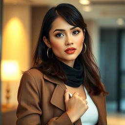 A 28-year-old woman dressed in contemporary fashion, posing confidently with a strong, assertive stance