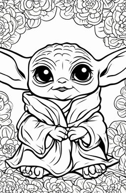 A coloring page featuring an adorable Baby Yoda, with his big eyes sparkling and a small, cute smile on his face.