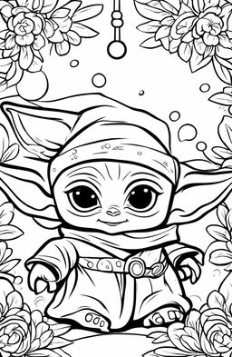 A coloring page featuring an adorable Baby Yoda, with his big eyes sparkling and a small, cute smile on his face.