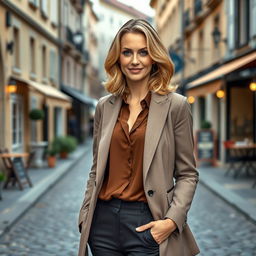 An elegant European woman aged between 30 to 45, dressed in a chic and sophisticated outfit