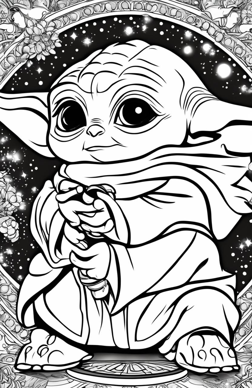 A coloring page featuring an adorable Baby Yoda, with his big eyes sparkling and a small, cute smile on his face.