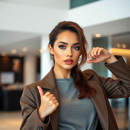 A 28-year-old woman in stylish, modern clothing, confidently striking a powerful pose
