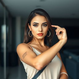 A 28-year-old woman in stylish, modern clothing, confidently striking a powerful pose