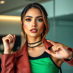 A 28-year-old woman in stylish, modern clothing, confidently striking a powerful pose