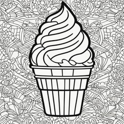 Black and white colouring book page featuring a simple ice cream cone.