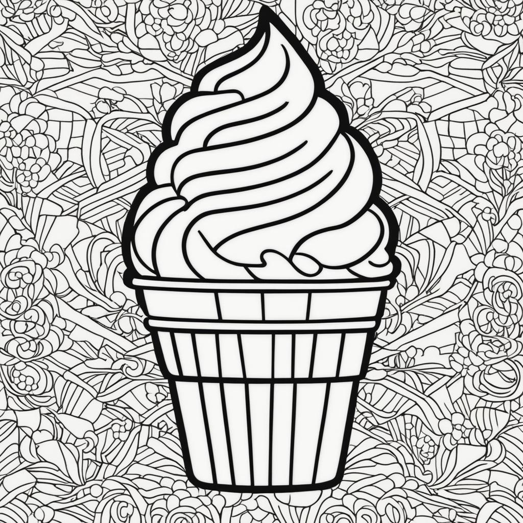 Black and white colouring book page featuring a simple ice cream cone.