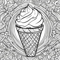 Black and white colouring book page featuring a simple ice cream cone.