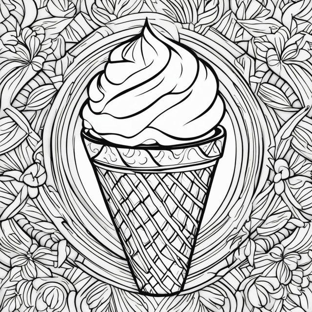 Black and white colouring book page featuring a simple ice cream cone.