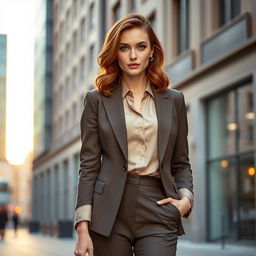 A sophisticated European woman aged between 30 to 45, dressed in a stylish and contemporary outfit
