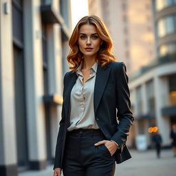 A sophisticated European woman aged between 30 to 45, dressed in a stylish and contemporary outfit