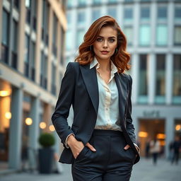 A sophisticated European woman aged between 30 to 45, dressed in a stylish and contemporary outfit