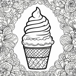 Black and white colouring book page featuring a simple ice cream cone.