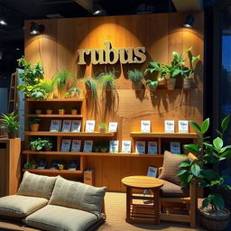 A cozy and eco-friendly stand setup for a herbal cigarettes brand called rubus