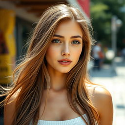 A 27-year-old woman with a natural style, showcasing her light skin and minimal makeup for a fresh, effortless look
