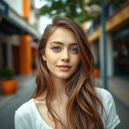 A 27-year-old woman with a natural style, showcasing her light skin and minimal makeup for a fresh, effortless look