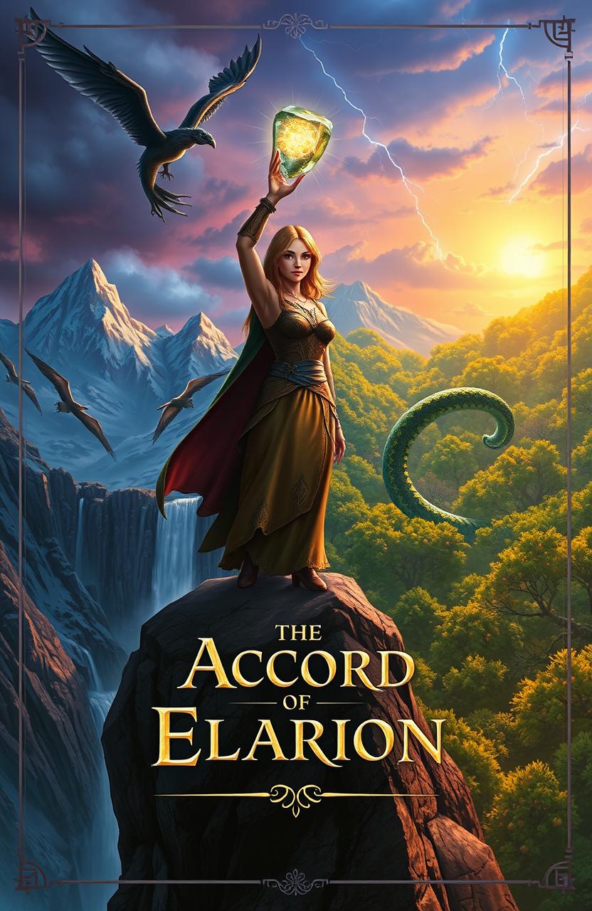 Astrid Kaelson, a strong female figure, stands on the Cliffs of Aurith, a symbolic meeting point between rival districts