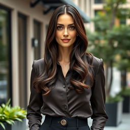 A sophisticated European woman aged between 30 to 45, featuring long, dark hair styled in soft waves