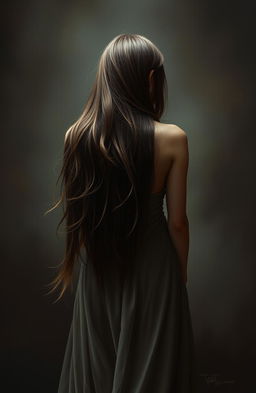 A portrait titled 'Tainted Hearts' featuring a mysterious woman seen only from the back