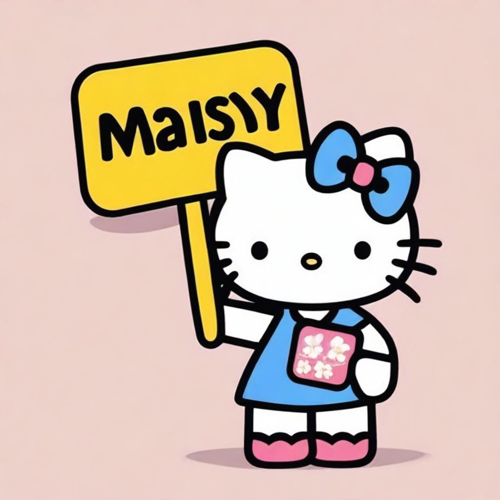 Cheerful Hello Kitty cartoon character holding a sign with the word 'Maisy' clearly inscribed.