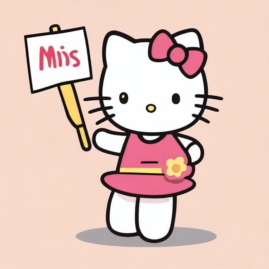 Cheerful Hello Kitty cartoon character holding a sign with the word 'Maisy' clearly inscribed.