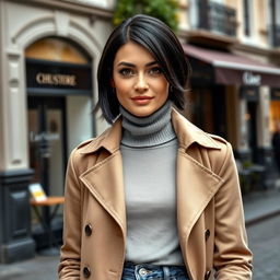 A fashionable European woman aged between 30 to 45, featuring sleek black hair styled in a sophisticated bob