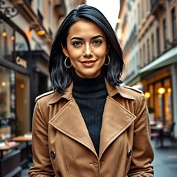 A fashionable European woman aged between 30 to 45, featuring sleek black hair styled in a sophisticated bob