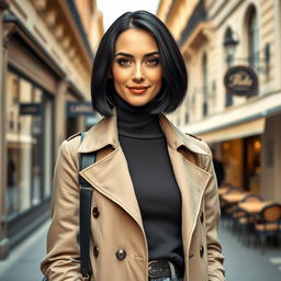 A fashionable European woman aged between 30 to 45, featuring sleek black hair styled in a sophisticated bob