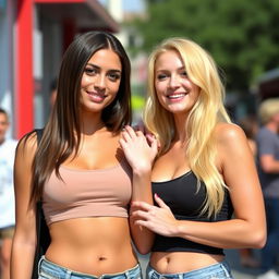 Two attractive women, one with sleek brunette hair and the other with vibrant blonde hair, standing closely together