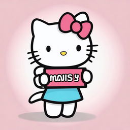 Cheerful Hello Kitty cartoon character holding a sign with the word 'Maisy' clearly inscribed.