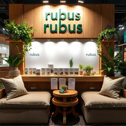 A cozy and eco-friendly stand setup for a herbal cigarettes brand called rubus, with the name prominently displayed in lowercase