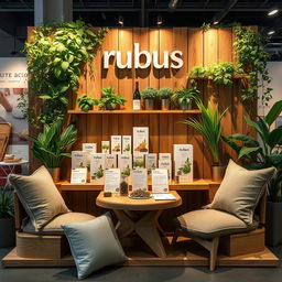 A cozy and eco-friendly stand setup for a herbal cigarettes brand called rubus, with the name prominently displayed in lowercase