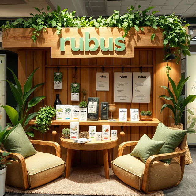 A cozy and eco-friendly stand setup for a herbal cigarettes brand called rubus, with the name prominently displayed in lowercase