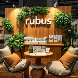 A cozy and eco-friendly stand setup for a herbal cigarettes brand called rubus, with the name prominently displayed in lowercase