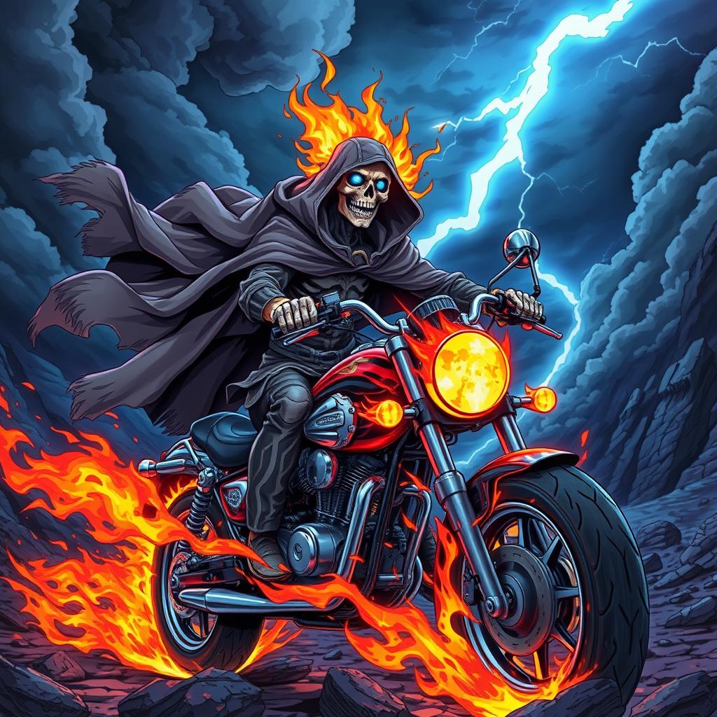 An anime-style ghost rider with an otherworldly appearance, riding a fiery motorcycle through a dark, twisted landscape