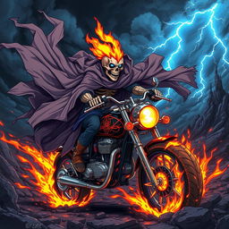 An anime-style ghost rider with an otherworldly appearance, riding a fiery motorcycle through a dark, twisted landscape