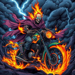 An anime-style ghost rider with an otherworldly appearance, riding a fiery motorcycle through a dark, twisted landscape