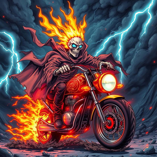 An anime-style ghost rider with an otherworldly appearance, riding a fiery motorcycle through a dark, twisted landscape