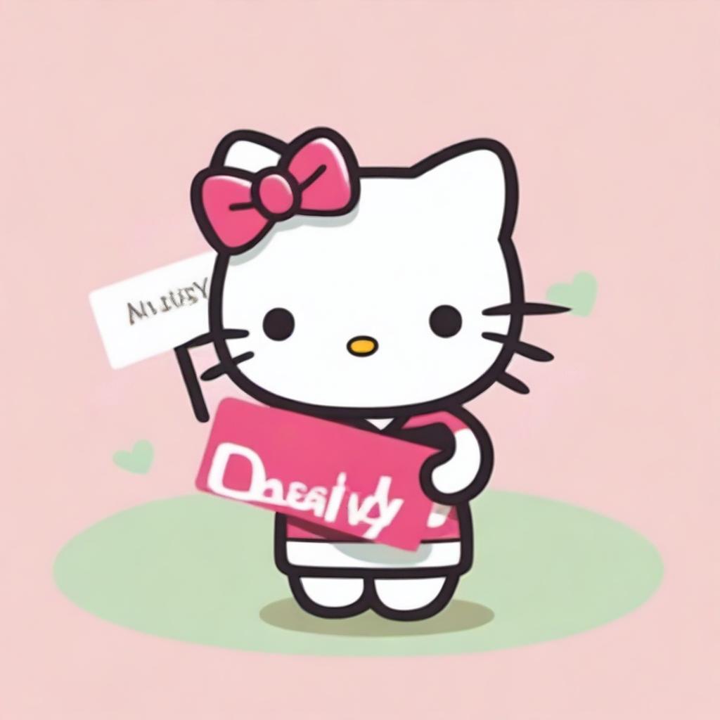 Illustration of the adorable Hello Kitty happily holding up a sign displaying the word 'Maisy'.