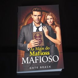 A captivating book cover featuring a muscular, handsome mafia man holding a book titled 'As Mãos do Mafioso', framed by a luxurious background