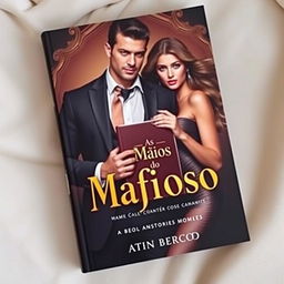 A captivating book cover featuring a muscular, handsome mafia man holding a book titled 'As Mãos do Mafioso', framed by a luxurious background